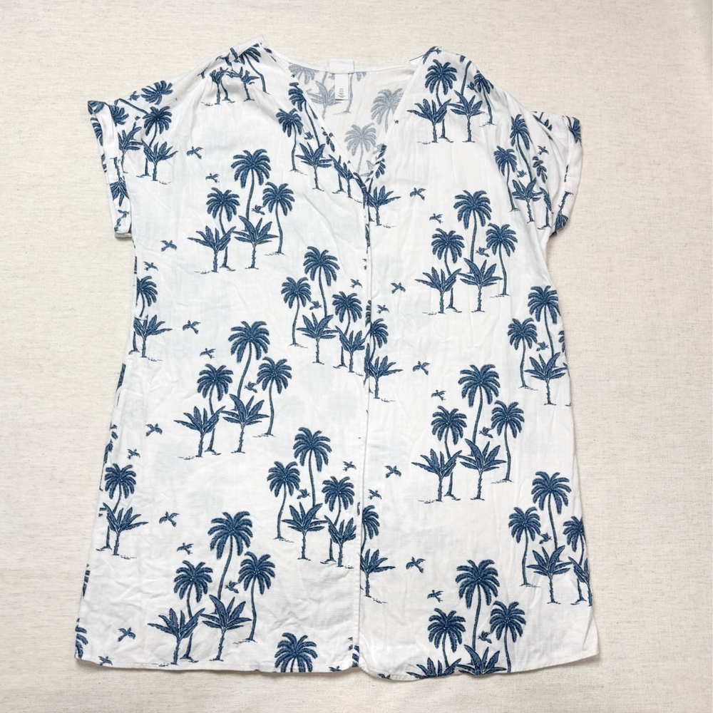 H&M Desmond & Dempsey Collab White Blue Palm Print Dress XL Linen Blend Hawaiian